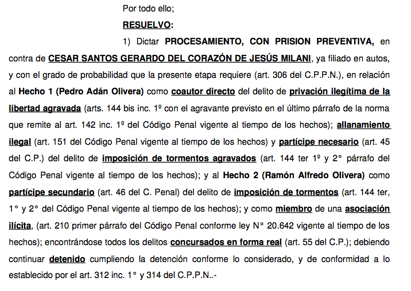 La resolución completa sobre el procesamiento contra Milani