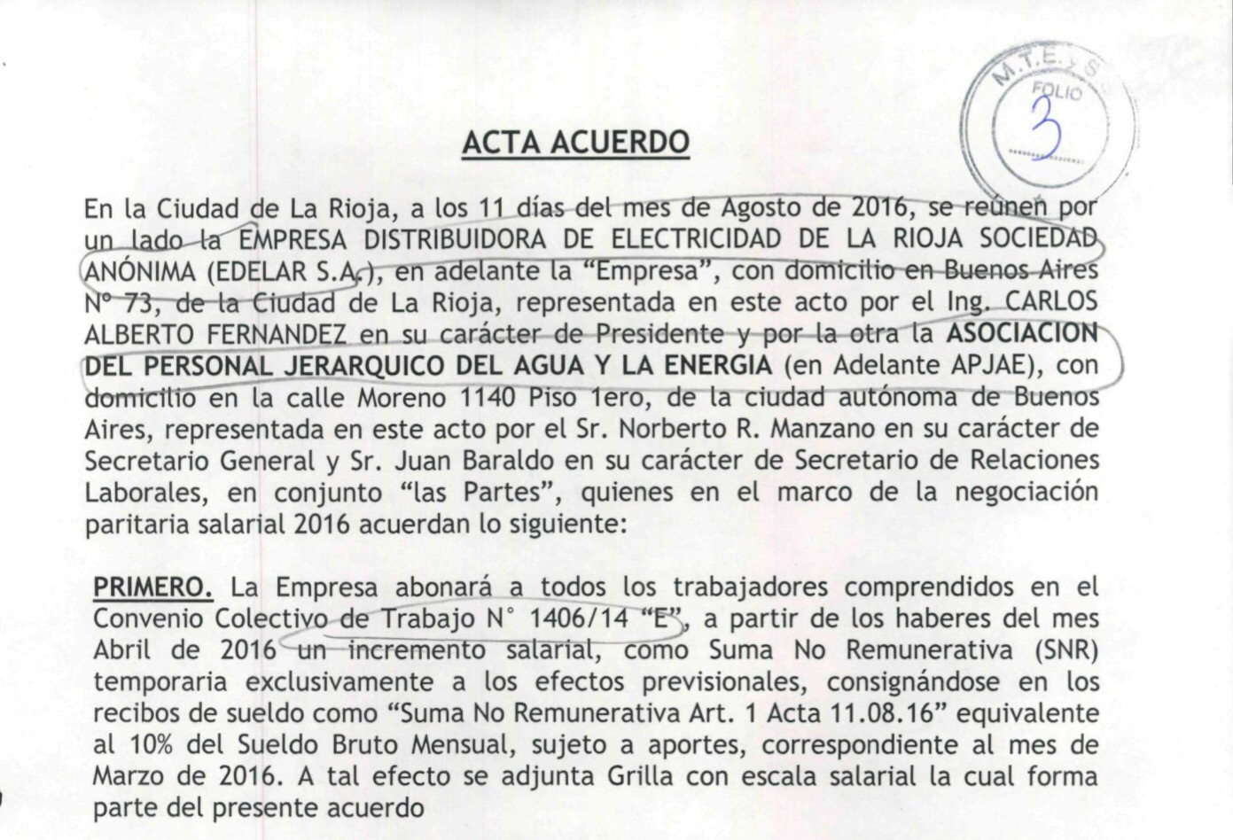 Homologación del acuerdo del personal jerárquico de EDELaR SA 